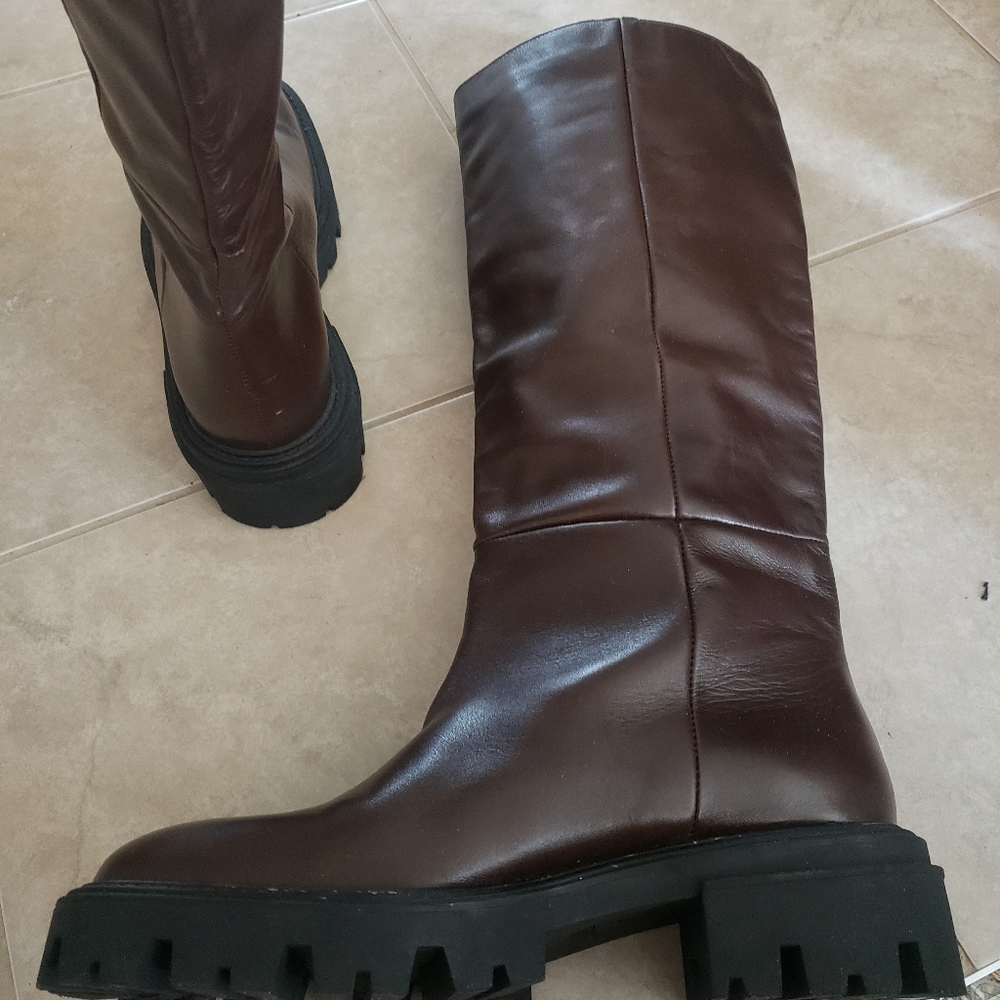 Rare Brand New Zara Tall Brown Leather Riding Boots Lug Sole size 41